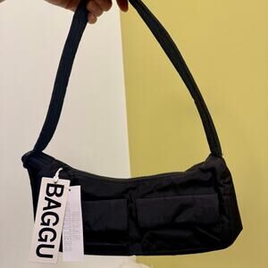 BAGGU Cargo Nylon Shoulder Bag All Black Slouchy Adjustable Strap NEW